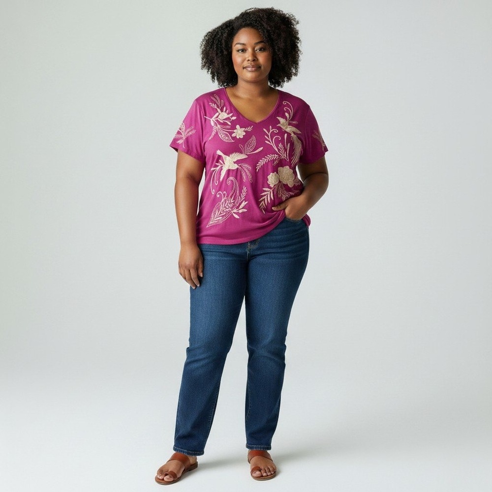 Johnny Was XXL Magenta Purple Embroidered Bird Floral Cotton V-Neck Tee J16323-1